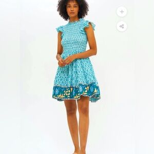 Oliphant Smocked flirty short dress - Veranda Turquoise